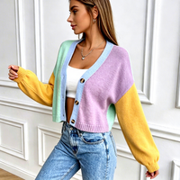 Cardigan en tricot color block pour femme, col en V, manches longues, boutonné, pull décontracté multicolore patchwork