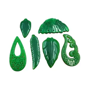 wholesale handmade jewelry carved pendant nephrite charms feather jade necklace leaves drop shape charms for jewellery making