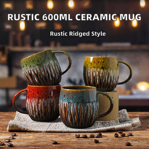 Kiln Fired Rustic Ceramic Coffee Mug 600ml Ridged <b>Large</b> Capacity <b>Cup</b> Microwave Safe Custom Color for Cafe Home - Product Image 2