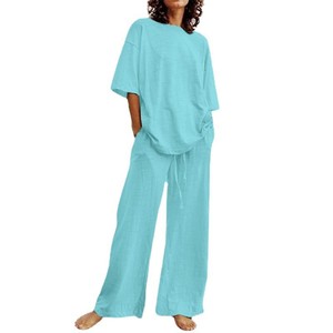 Conjuntos de 2 piezas para mujer, conjuntos de salón a juego de pierna ancha de manga larga 2023, ropa de vacaciones de viaje a la moda - Product Image 6