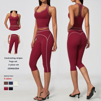 Nouvel ensemble de yoga 2 pièces 2026 à couleurs contrastées, avec logo personnalisé, en tissu Spandex brossé, pour la course, pantalon court, sport, fitness, gym, vêtements de sport
