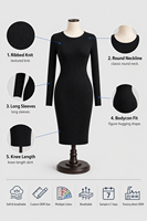 Robe moulante côtelée à col rond et manches longues 280 GSM pour femme, longueur genou, coupe ajustée, élégante, opaque, avec logo personnalisé OEM – Vente en gros