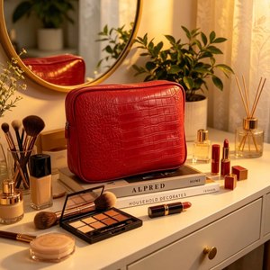 Grande trousse de toilette portable en cuir gaufré effet croco marron, pochette de voyage de luxe pour cosmétiques, sac de rangement pour maquillage imprimé croco pour les voyages - Product Image 1