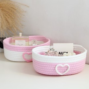 Cotton <b>Rope</b> Woven <b>Storage</b> <b>Basket</b> Round Pink And Off White Heart Shape Desktop Cosmetic Snack Organizer No Lid - Product Image 1