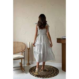 Vestido casual de menta con hombros descubiertos, a rayas, cintura elástica, línea A, con volantes, tejido transpirable para uso diario - Product Image 1