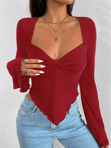 Haute qualité <span class=keywords><strong>col</strong></span> en <span class=keywords><strong>V</strong></span> dames décontracté à manches longues respirant <span class=keywords><strong>T</strong></span>-<span class=keywords><strong>shirt</strong></span> Stock en gros couleur unie femmes haut court caractéristique compressée - Product Image 4