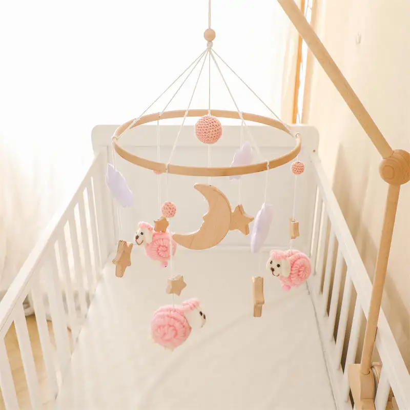 Cute Sheep Baby Mobile Hanging Toys Nursery Decor Neutral Wooden Baby Crib Mobile Felt