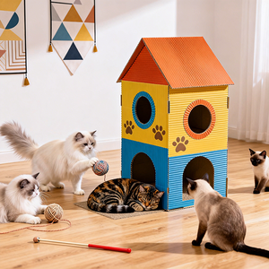 Rumah Mainan Kucing Lipat Dua Tingkat, Modern, Mewah, Berwarna, Grosir Kustom, Tahan Lama, Nyaman, untuk Kucing di Dalam Ruangan, Dilengkapi Penyimpanan - Product Image 2