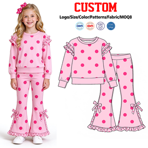 Pantalones acampanados personalizados para bebé con estampado de corazones de béisbol y lazo, conjuntos de otoño para niñas, ropa casual al por mayor para niños pequeños, seda de leche - Product Image 4
