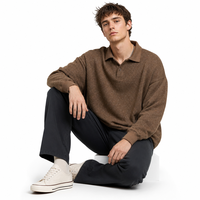 Sweat-shirt polo ample en molleton chiné avec patte de boutonnage à deux boutons, couleur unie, style streetwear, haut à manches longues pour un usage décontracté