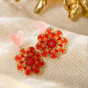Boucles d'oreilles en forme de cœur, design floral rouge orange, résine acrylique, bijoux à la mode pour femmes, 12 pièces - Product Image 3