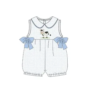 Puresun Custom Kids Clothes Children Clothing Wholesale Farm Cow French Knot Cotton Bitty Dots Baby Girl Clothing