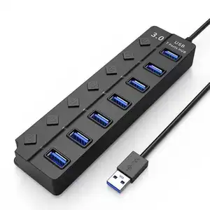 Hub USB 3.0 7 Port, Fungsi Transmisi Banyak Port Adaptor HUB USB dengan Adaptor Extender Sakelar Independen untuk Laptop Pc