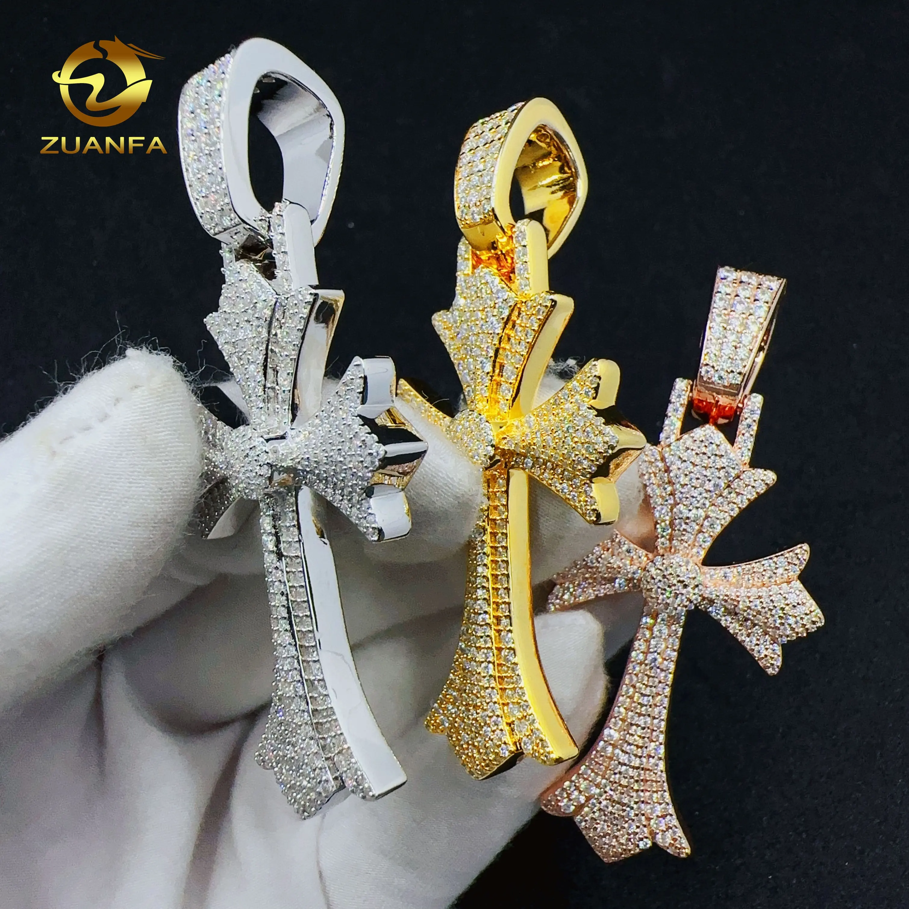 ZUANFA Custom Hip Hop Jewelry 925 Sterling Silver Cross Pendant VVS Moissanite solid Charm necklace for men women