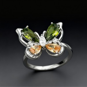 Butterfly Shaped Open Ring With Green And Orange Gemstones Prong Setting Adjustable For Women Fashion Jewelry Gift - Product Image 1