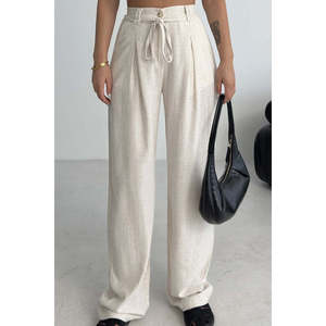Pantalon large en lin taille haute couleur naturelle respirant décontracté pour femme - Product Image 2