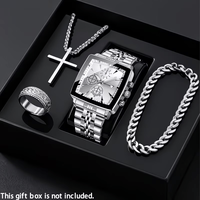 Set Jam Tangan Kasual Modis Pria Terbaru, dengan Gelang. Set Cincin dan Kalung, Jam Tangan Pria Stainless Steel