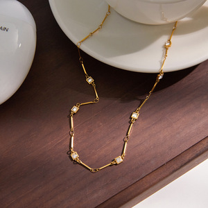 Collar de Acero Inoxidable con Diamantes de Imitación Cuadrados, Diseño Geométrico, Engaste de Bisel, Joyería de Moda con Colgante - Product Image 4