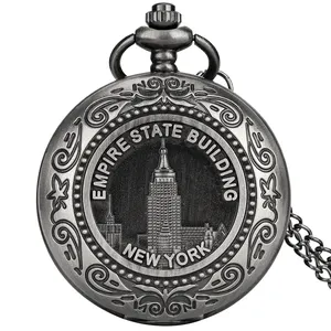 Famous New York Empire State Building Souvenir Steampunk Fob Chain Clock Gift Quartz Pocket Watch for Men