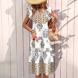 Dropshipping Shopify Plus Size Womens Floral Print <b>Short</b> Sleeve Mandarin Collar A Line Midi <b>Dress</b> Casual <b>Summer</b> - Product Image 2