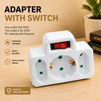 Adaptador con Interruptor 16A 250V + 2.5A, Doble Protección Contra Incendios, PC, 3 Tomas de Corriente, Divisor Schuko, Diseño de Enchufe Europeo en Forma de T, Clasificación IP20