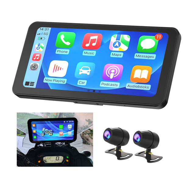 Universal 6.25" Motorcycle Dash Cam DVR CarPlay Mirror Link Dual 1080P Cameras Portable GPS Navigation Wireless for