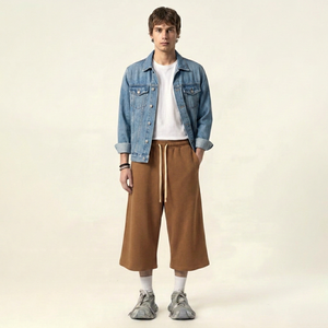 <b>Men's</b> <b>Brown</b> Jorts Drawstring Closure Mid Waist Casual Style Solid Knee Length Breathable Knitted Fabric High Street Eco-Friendly - Product Image 1