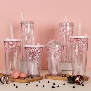 Populaire Plastic Roze Koffiebubbel Thee Tuimelaar Serie Vasos Herbruikbare Kersenbloesem Boba Theekop Met Rietjes
