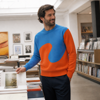 Sweater Grosir untuk Pria Retro Asimetris Warna Blok Berpola Putar Lengan Panjang Kerah Bulat Rajutan Pullover Logo Kustom