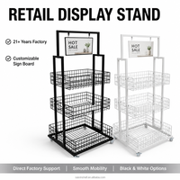 Étagère de présentation à 3 niveaux en fil métallique avec porte-panneau, support métallique pour supermarché, magasin de détail, présentoir de snacks mobile avec roulettes