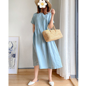 <span class=keywords><strong>Robe</strong></span> Décontractée d'Été Ample pour Femme <span class=keywords><strong>en</strong></span> Coton et <span class=keywords><strong>Lin</strong></span>, Manches Courtes, Grande Taille, Couleur Unie, Col Rond - Product Image 2