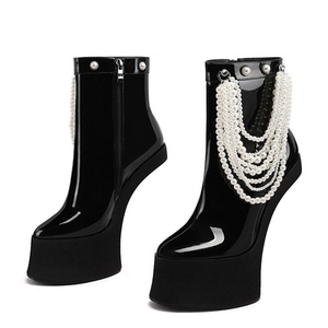 Special Custom Styles Women Patent Platform Ankle <b>Boots</b> No Heels Stage Show Pearls Short Booties Pointed Toe Fashion Shoes - Product Image 1