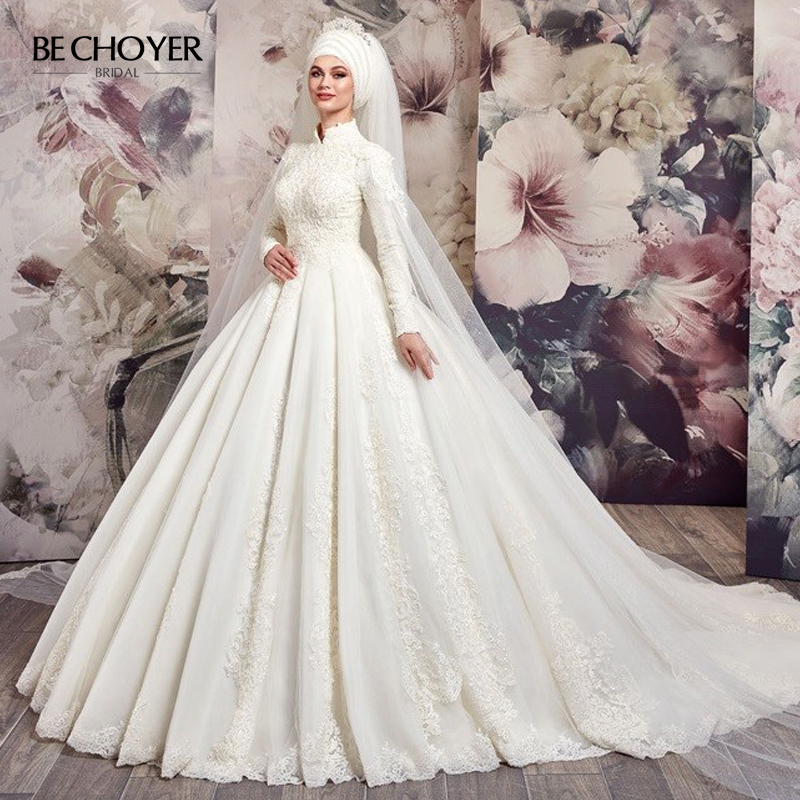 muslim princess wedding dress Luxury Muslim Arabic Wedding Dresses Long Sleeve Full Lace 3D Floral B   LiveTrendsX