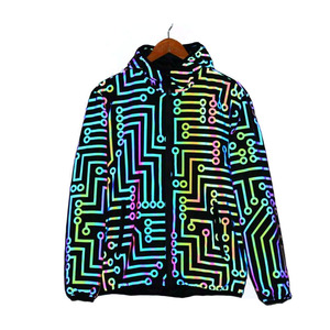 Giacche Puffer con Cappuccio da <span class=keywords><strong>Uomo</strong></span> Stile Hip Hop Casual con Linee Geometriche Colorate Riflettenti - Product Image 1
