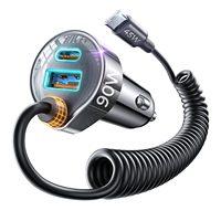 LISEN 90W Pengisi Daya Mobil USB C dengan Kabel Spiral 60 Inci dan Lampu Halo untuk iPhone 17 16 15 Pro Max Samsung S25 iPad dan Android