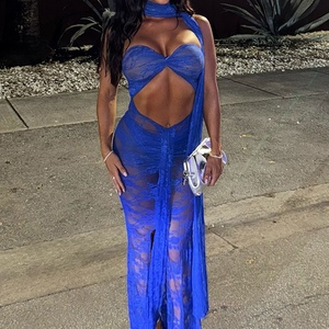 เดรสผู้หญิงแบบใหม่ เซ็กซี่ คอ halter แขนยาว ผ้าลูกไม้ฉลุลาย  ความยาวปานกลาง  ถักโครเชต์  เป็นมิตรกับสิ่งแวดล้อม  เอวเข้ารูป  แฟชั่น - Product Image 1