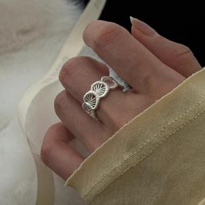 S925 Sterling <b>Silver</b> Antiqued Style Ring with Lace Snowflake <b>Fan</b> Leaf Filigree Retro Gold Inlay 18K Plating Sweet Niche Ring - Product Image 4