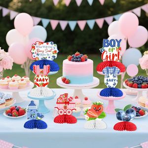 8 Pezzi Centrotavola a Nido d'Ape Fragola e Mirtillo per Rivelazione del Sesso del Bambino, Rosso Blu, 'Cosa sarà il nostro dolce bimbo?' - Product Image 4