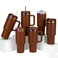 Gobelet isotherme de 40 oz avec poignée, couleur chocolat brun, plaqué or, gravure au laser personnalisée, logo, revêtement en poudre, tasse à café, mug, bouteille d'eau