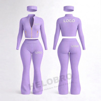 Ensemble de vêtements de sport pour femme avec logo personnalisé, style Y2K, veste zippée intégrale, leggings de yoga évasés, bandeau assorti, 3 pièces