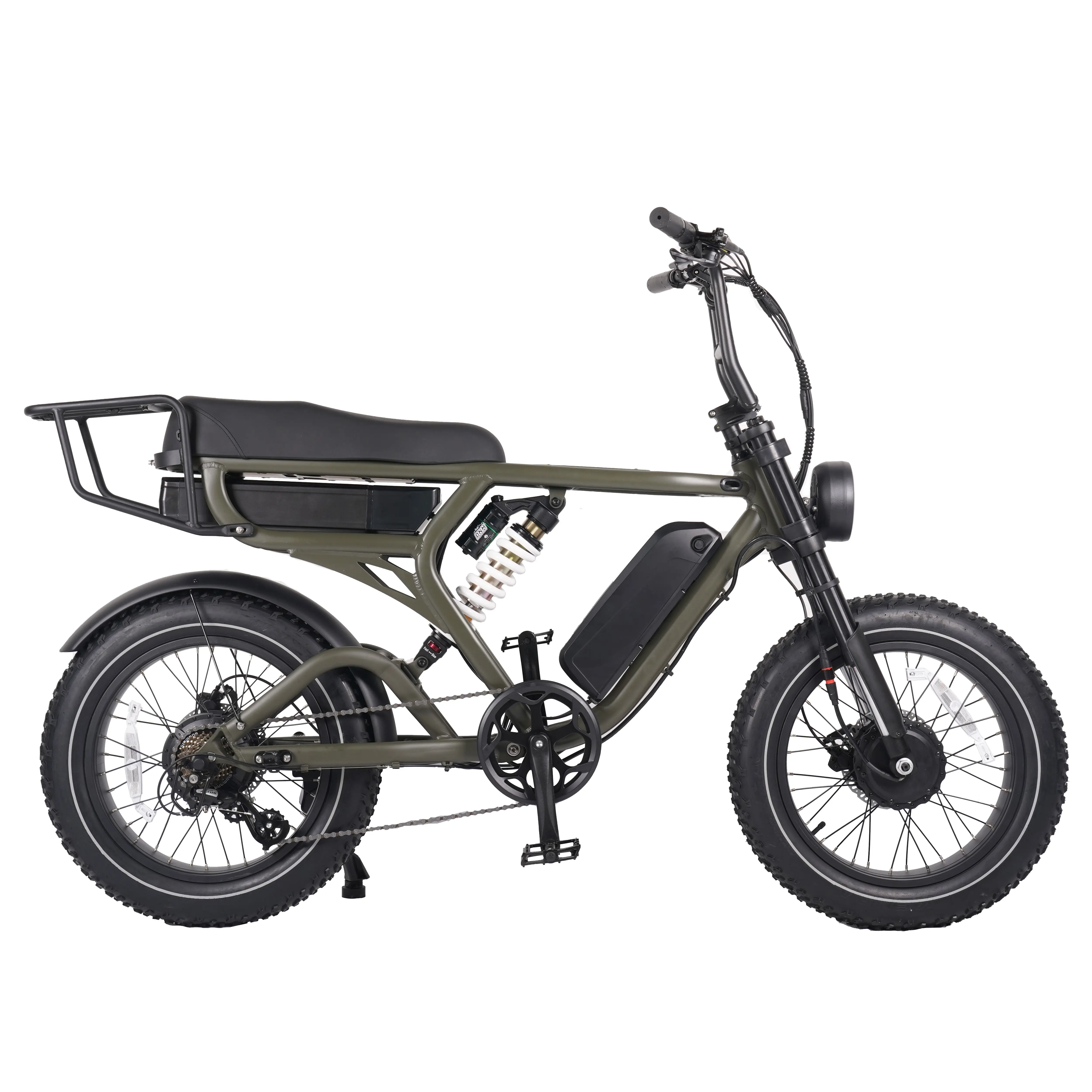 スーパーデザインデュアル1000Wモーター52V1520AHバッテリーEbikeDNMミッドサスペンションマットグリーンカスタムロゴ電動ファットタイヤバイク