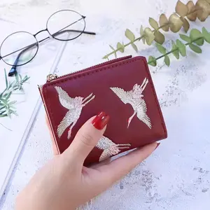 Hot Selling Short Leather Wallet Leather Bifold Wallet trifold Birds Printed Zipper Coin Purse