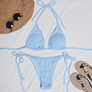 Bikini brésilien pour femmes, sexy, col halter, maillot de bain 100% polyester, string uni, ensemble 2 pièces, antibactérien - Product Image 3