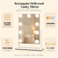 Miroir de maquillage éclairé en bois blanc avec lumières, 27 cm, angle réglable, 3 modes de couleur, variateur d'intensité, capteur tactile