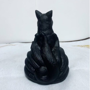 Natural obsidian nine-tailed fox figurine <b>raw</b> stone <b>crystal</b> carving piece, black fox home auspicious mascot, tabletop gift - Product Image 2