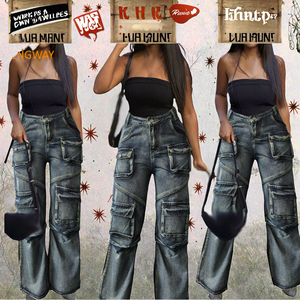 Jean cargo décontracté taille haute coupe droite jambe large pour femme 2025 – Multi-poches, coton teint uni, anti-boulochage, été - Product Image 2