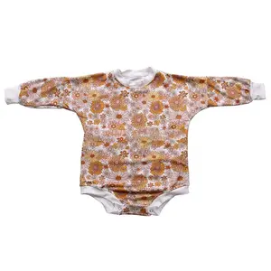 Custom Fall Kids Baby Sweatshirt Rompers Rib Knit Floral Print Girl Long Sleeve Bodysuit Newborn Baby Loose Leotard