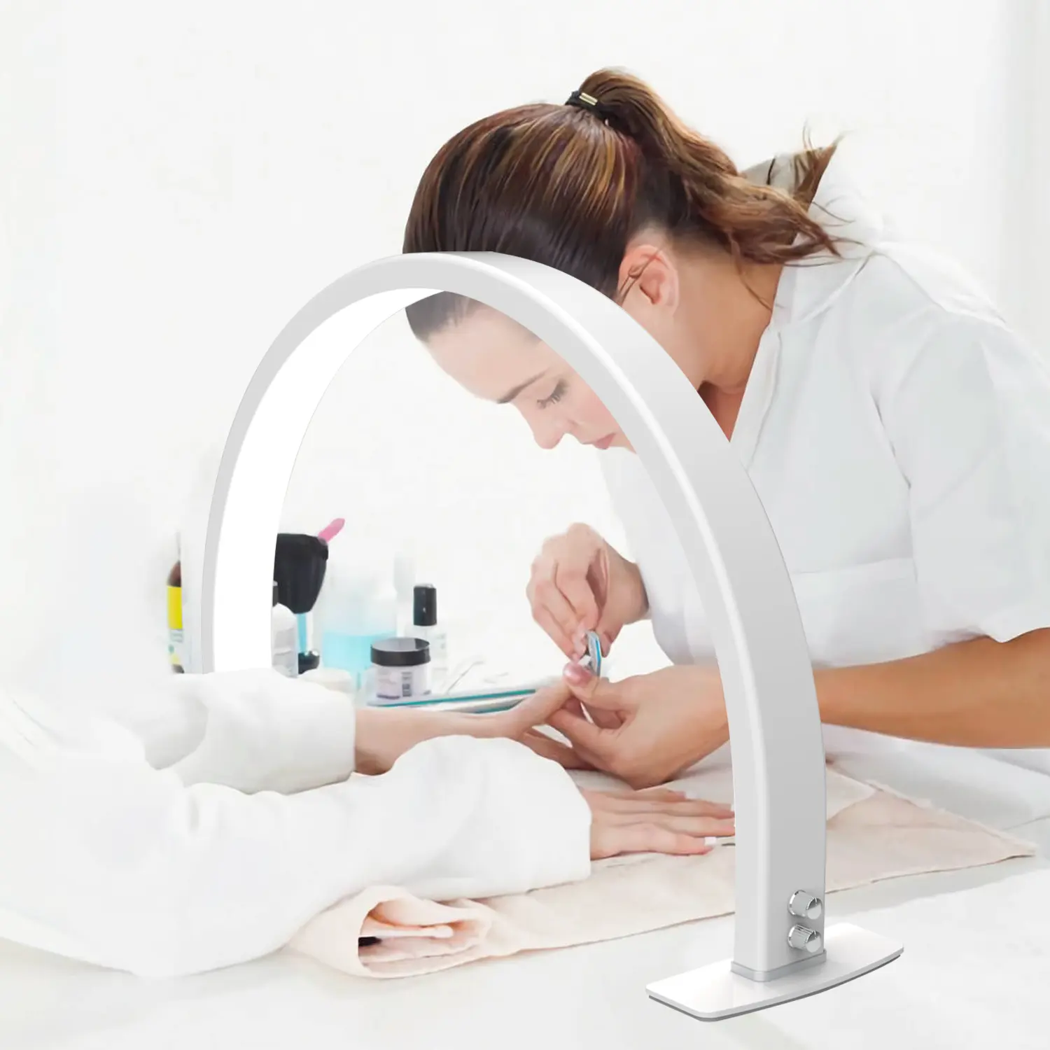 Kit de cuidado LED de media luna ajustable iluminación de salón de belleza OEM 50W logotipo personalizado anillo de arco de escritorio luces Led lámpara de manicura