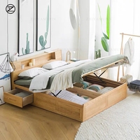 Lit de rangement pneumatique en chêne massif avec tiroirs, moderne et minimaliste, lit double de 1,8 m pour chambre principale, personnalisable
