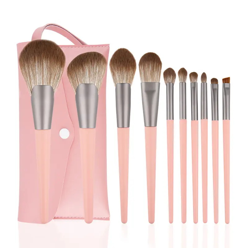 HZM Custom Logo Beautiful Makeup Cosmetic Brushes 10 pieces Natural pink Facial Makeup Brush Set With Bag